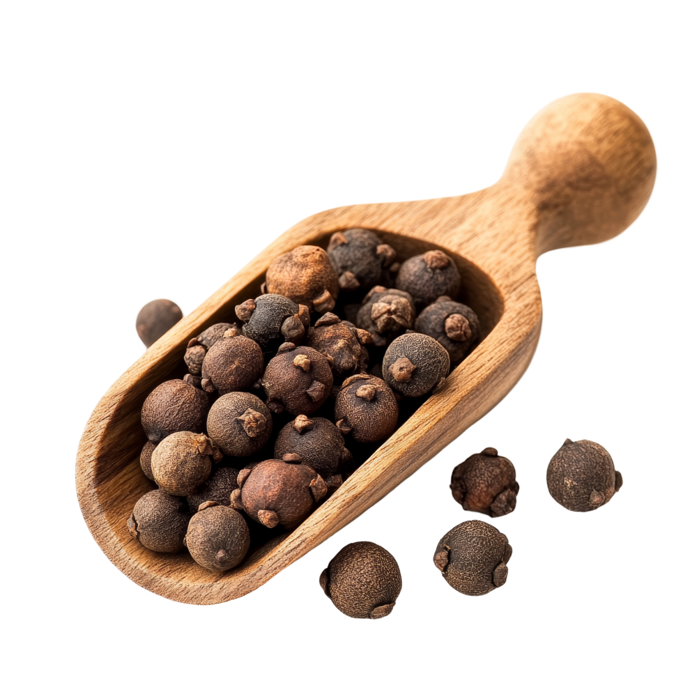 Allspice berries in a wooden scoop showcasing their rich brown color and distinctive texture, Allspice berries also called Jamaican pepper or newspice on transparent background png