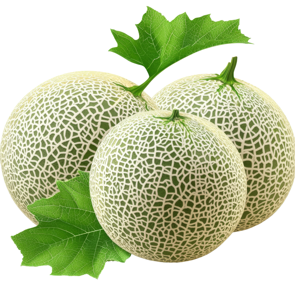 Fresh melons with green leaves displayed on a clean transparent background for a bright and natural look, melons or cantaloupe with leaf isolated on transparent background png