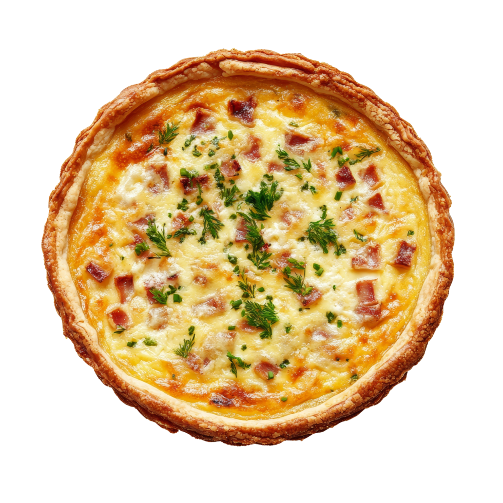 Delicious quiche Lorraine with creamy filling and crispy crust presented on a clean transparent background, Quiche lorraine isolated on transparent background png