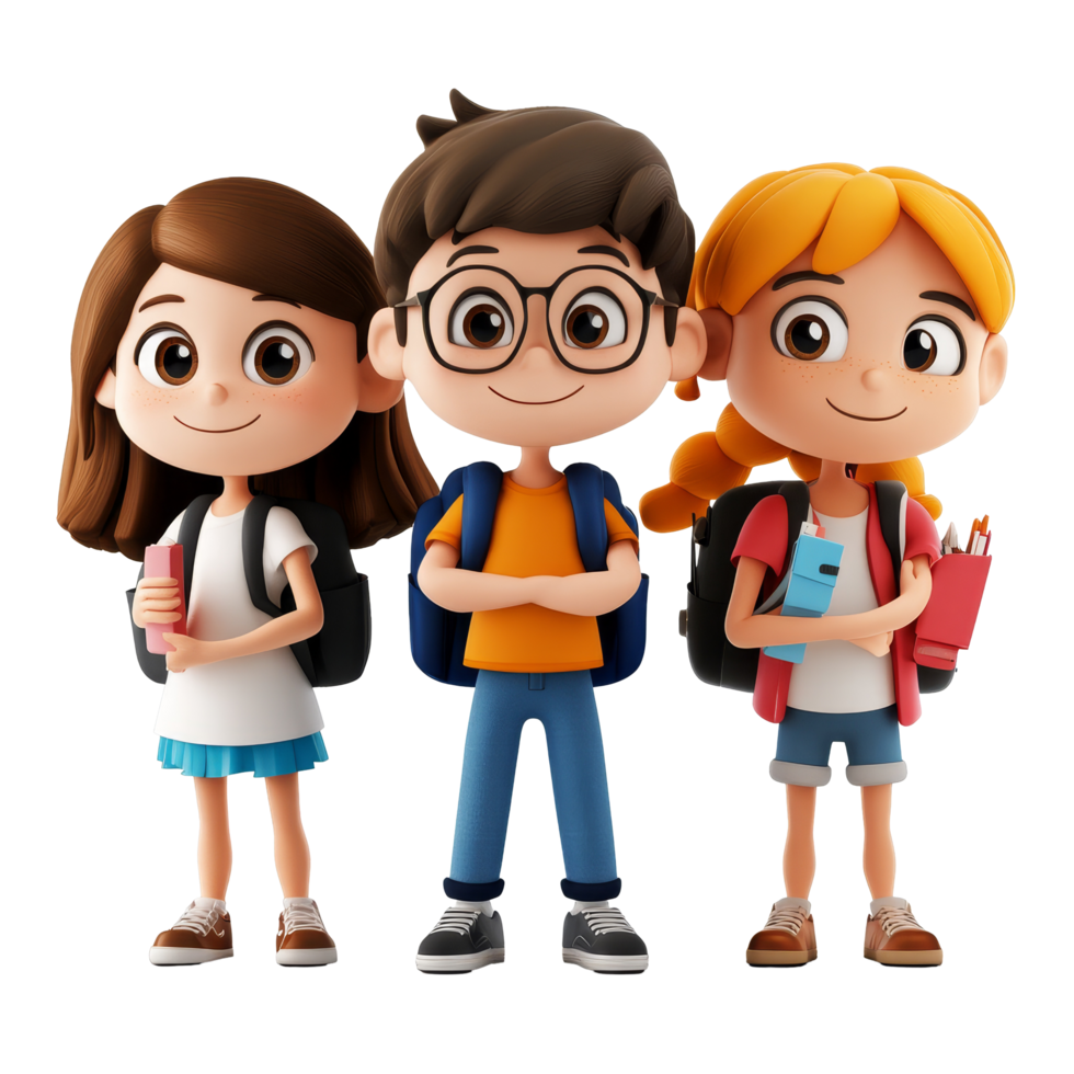 A group of cute cartoon students standing together in a cheerful environment before school, AIGenerated 3D Cartoon Character Group Cute Students, transparent background png