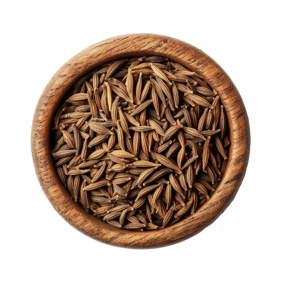 Caraway seeds in a rustic wood bowl set against a clean transparent background for culinary and decorative use, Caraway seeds in wood bowl isolated on transparent background png
