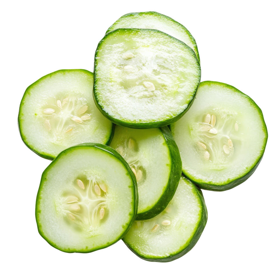 Fresh cucumber slices arranged beautifully on a transparent background for culinary presentations and healthy snacks, Fresh cucumber slices isolated on transparent background png