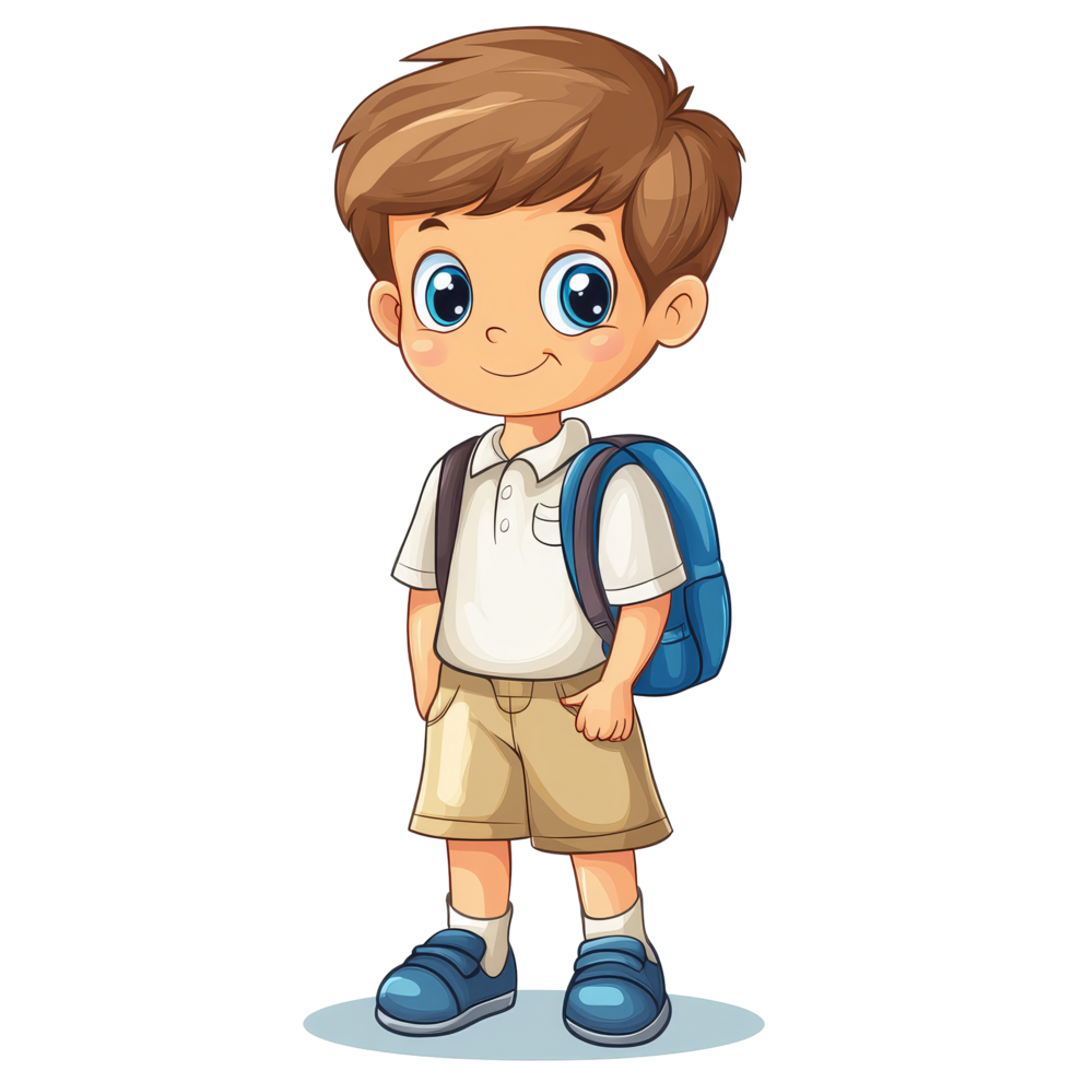 A cheerful little school boy with a backpack ready for class in a bright, colorful illustration style, little school boy illustrationisolated on transparent background png