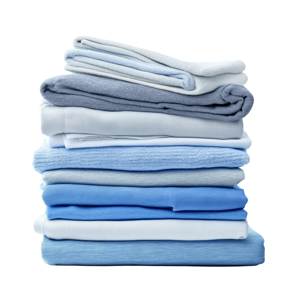 Clean stack of folded clothes in varying shades of blue and grey on a transparent background for home organization, Stack of clean clothes transparent background, isolated solid transparent background png