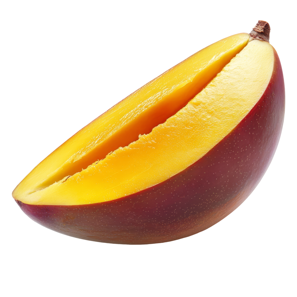 Half ripe mango on a clean transparent background showcasing its vibrant yellow flesh and smooth skin texture, half ripe mango isolated on transparent background png