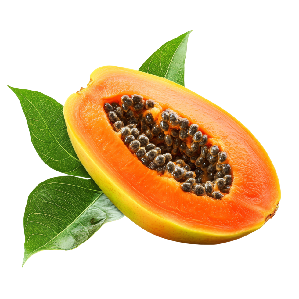 Half ripe papaya with vibrant orange flesh and green leaves on a clean transparent background, half ripe papaya with leaf isolated on transparent background png