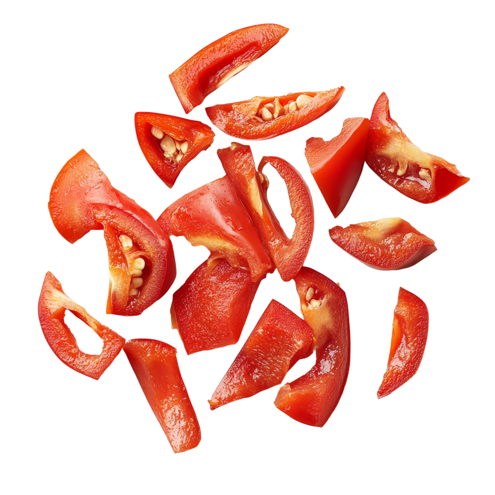 Freshly sliced red sweet bell pepper pieces isolated on a clean transparent background for culinary use and presentation, Red sweet bell pepper slices isolated on transparent background png