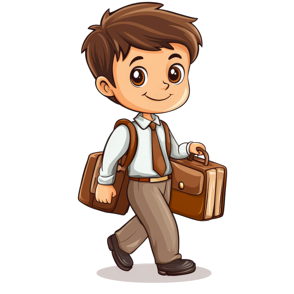 A cheerful little businessman carrying a briefcase walks confidently on a bright day in a fun, animated style, little business man illustrationisolated on transparent background png