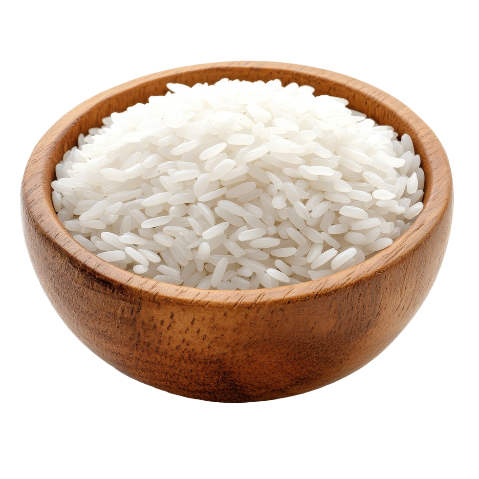 Freshly harvested rice in a smooth wooden bowl against a clean transparent background, Rice in wood bowl on transparent background png