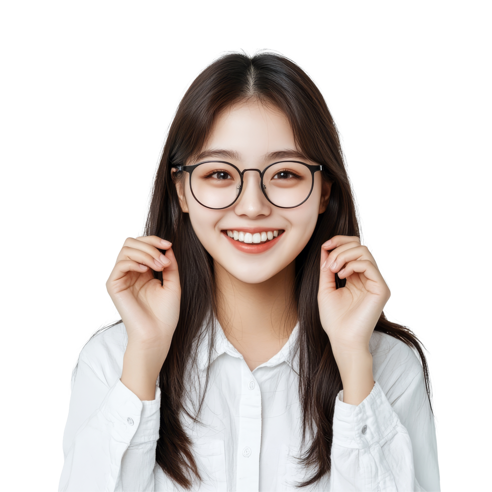 Happy young Asian student girl with glasses smiling and posing for the camera in a bright indoor setting, Happy Young Asian student girl with glasses standing over transparent background png