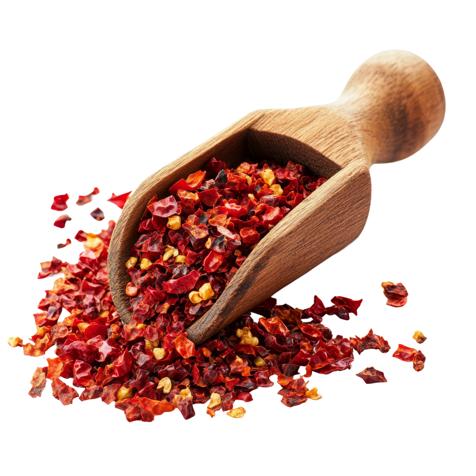 Crushed red chili pepper sits in a wooden scoop on a smooth transparent background, showcasing vibrant colors and textures, Crushed red chili pepper in wood scoop isolated on transparent background png