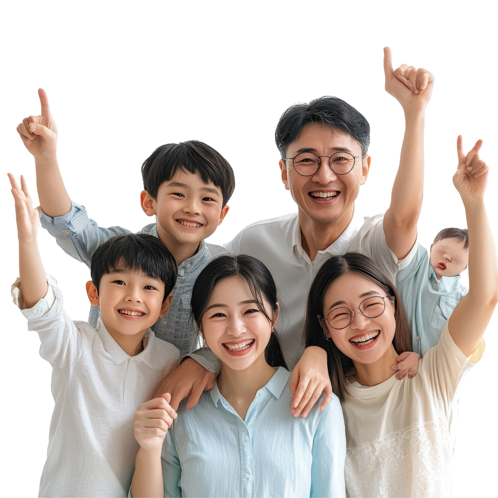 Joyful Asian family celebrating together with smiles and raised hands in a bright indoor setting, Joyful Asian Family Sharing Happiness Together in a Group Photo. isolated on transparent background png