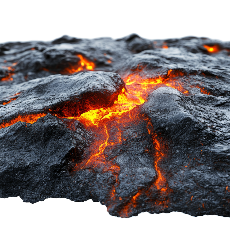 Molten rock surface with glowing lava and rugged texture isolated to highlight geological features and formation, Lava Surface with Molten Rock and Texture, Isolated on transparent background png