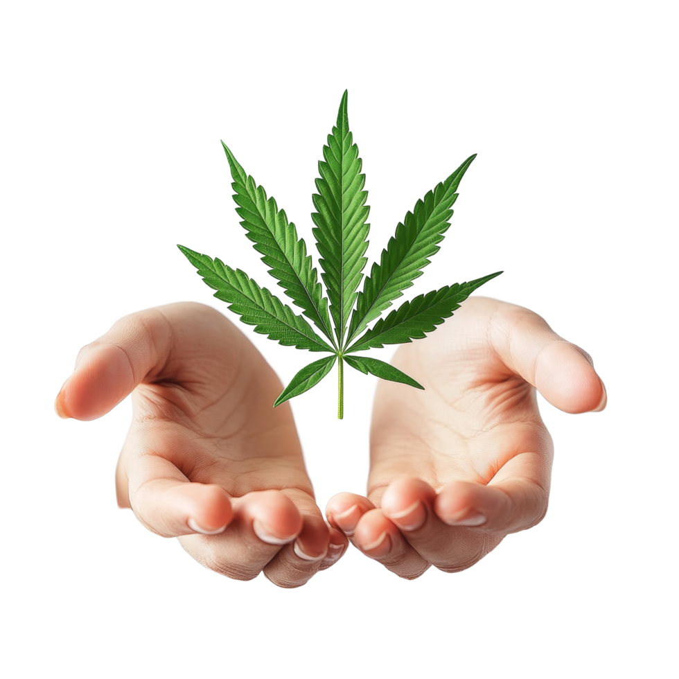 Person holding a vibrant cannabis leaf with outstretched hands against a clean transparent background, Holding cannabis or hemp leaf on a transparent background png