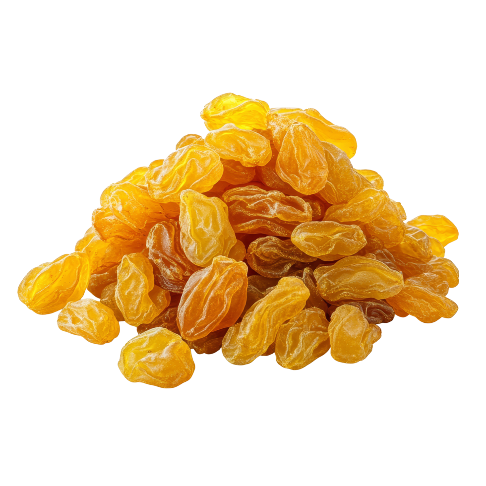 Yellow golden raisins isolated on a transparent background, perfect for snacks and baking, showcasing their natural texture, Yellow golden raisins isolated on alpha layer png