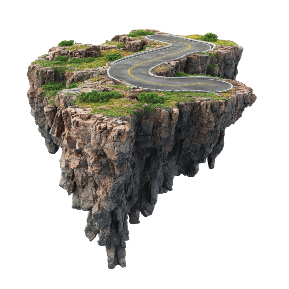 A floating road winds through lush greenery on a rocky island above blue skies, 3D Illustration of a Floating Road on Rocky Island, Isolated on transparent background Background png
