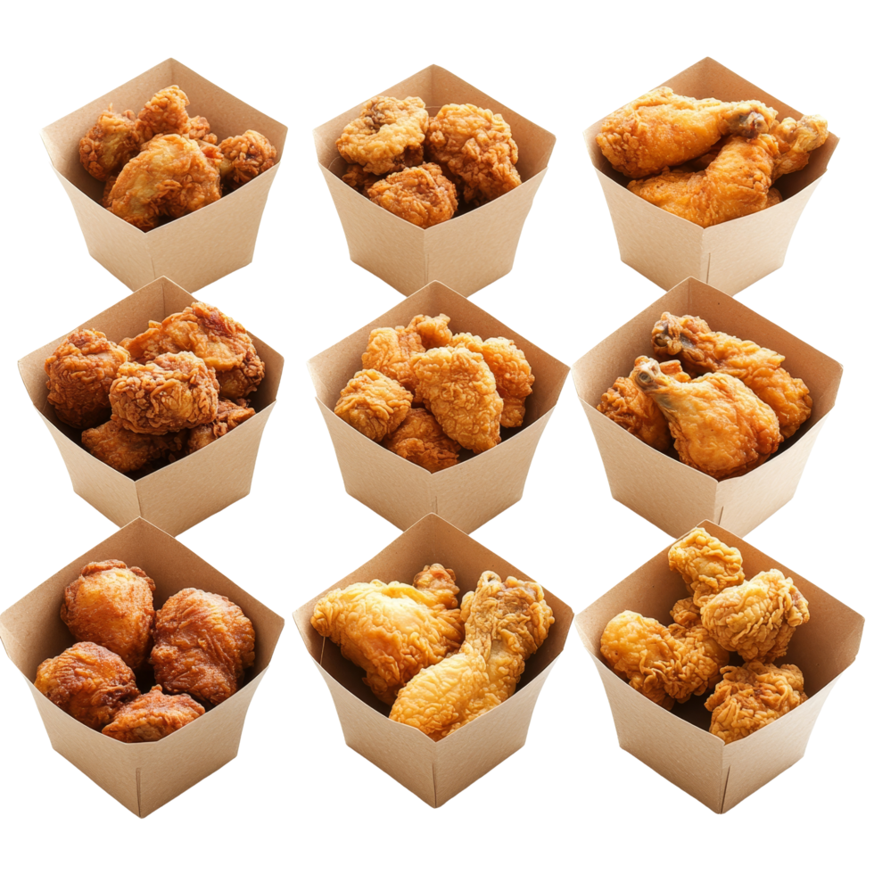 Delicious collection of fried chicken served in square brown cardboard boxes on a transparent surface, fried chicken in square brown card box paper isolated on transparent background png