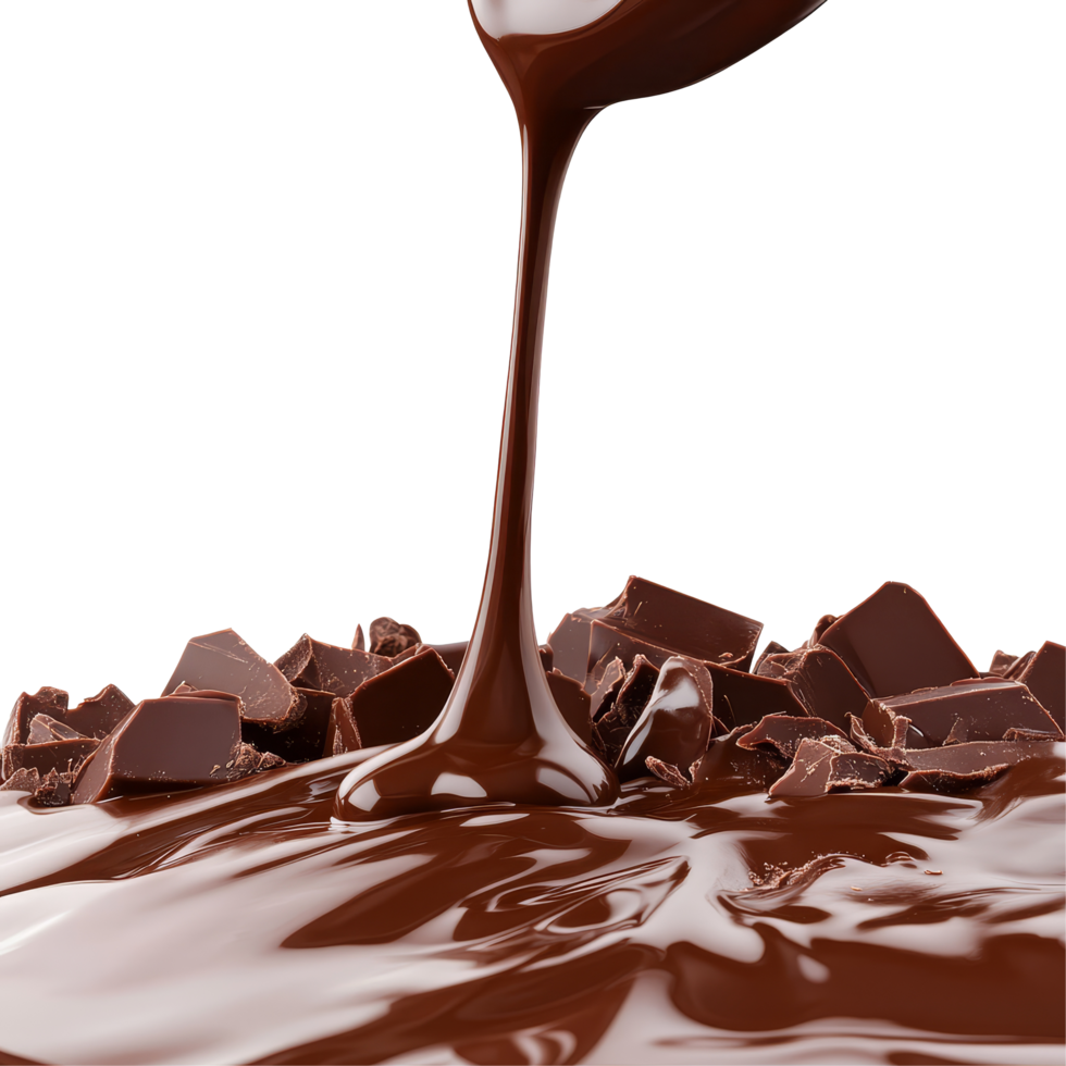 Rich chocolate melts and drips over pieces in a smooth cascade on a clean transparent backdrop, Delicious Chocolate Pouring and Dripping transparent background png