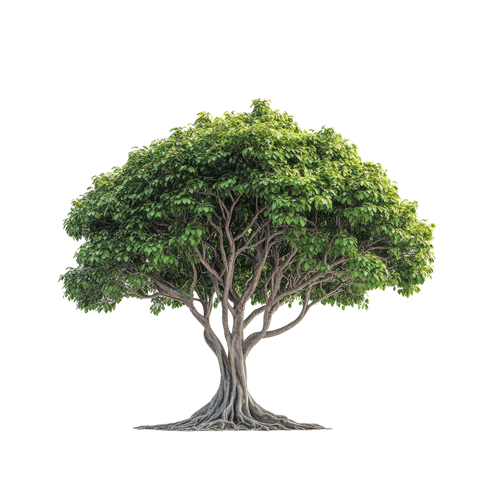 A lone green tree stands out against a transparent background, highlighting its lush leaves and intricate branches, Single tree isolated on transparent background png