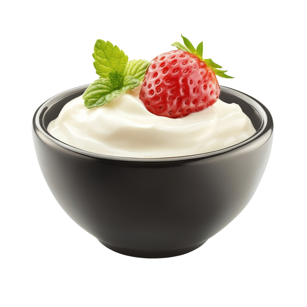 Fresh yogurt bowl with a strawberry and mint on a transparent background for culinary presentation, wood bowl of yogurt isolated on transparent background png