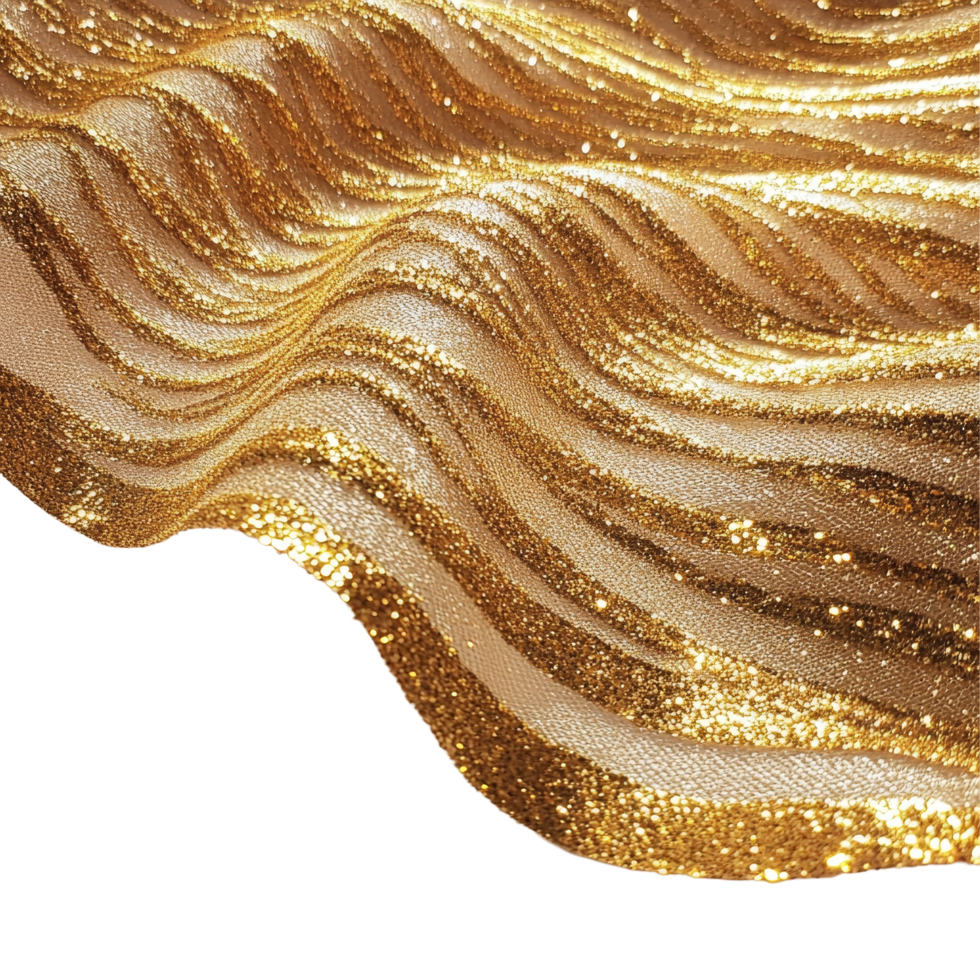 Elegant gold glitter wave fabric drapes beautifully on a transparent background, showcasing a shimmering design of waves, gold glitter wave fabric on a transparent background png