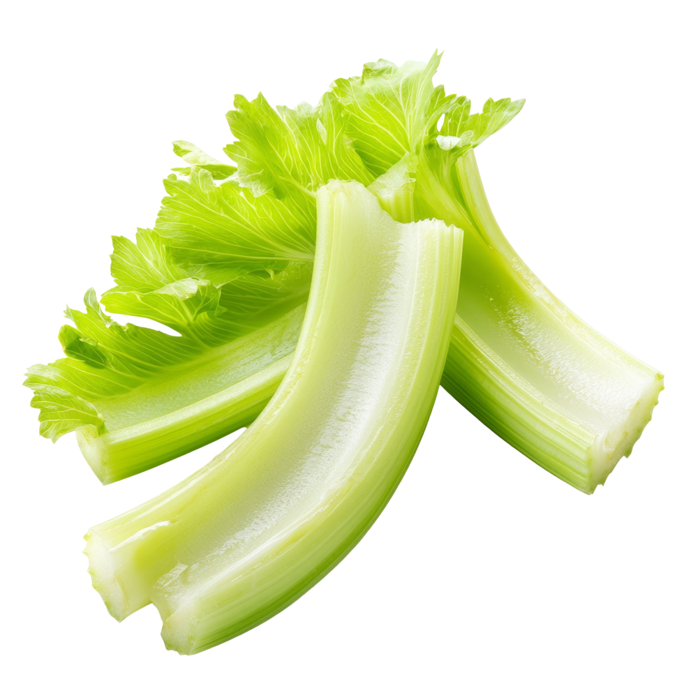 Freshly sliced celery stalks, vibrant green, isolated on a transparent background for culinary use and healthy eating, Slice celery isolated on transparent background png
