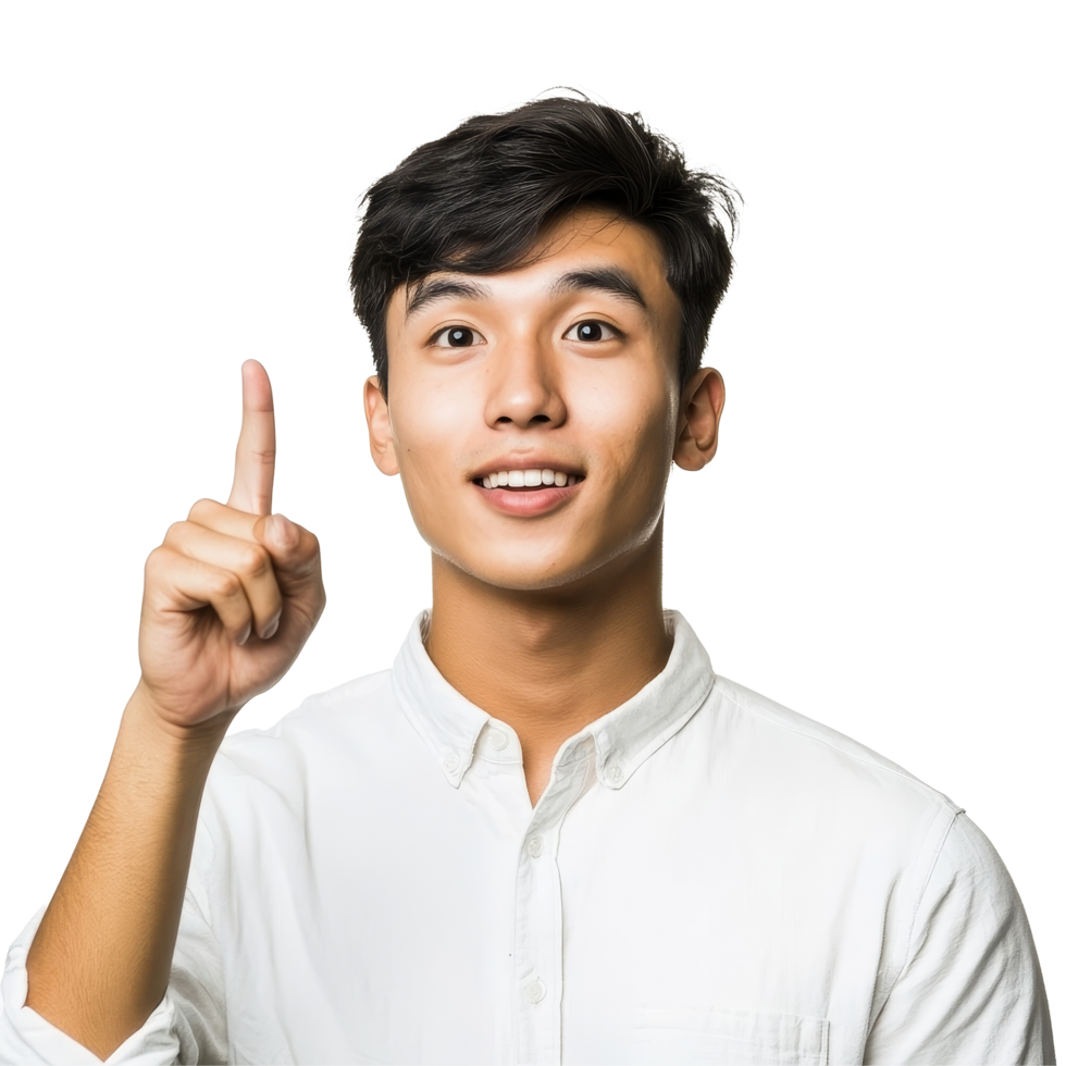 Young Asian man in casual attire points upward with a thoughtful expression in a bright setting, Attractive young smart Asian man pointing up with his finger transparent background png