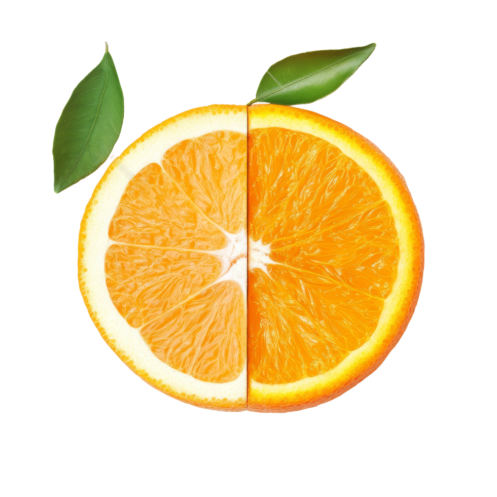 Brightly colored whole and half oranges with fresh green leaves, showcasing texture and freshness on a clean surface, Whole and half orange fruit png