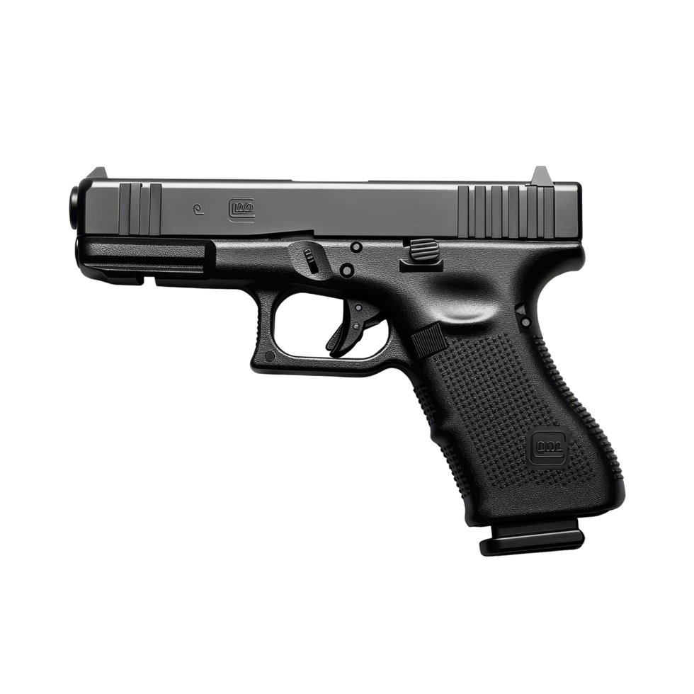 Detailed view of a semiautomatic pistol on a plain transparent background showcasing its design and features, SemiAutomatic Pistol Glock on transparent background png