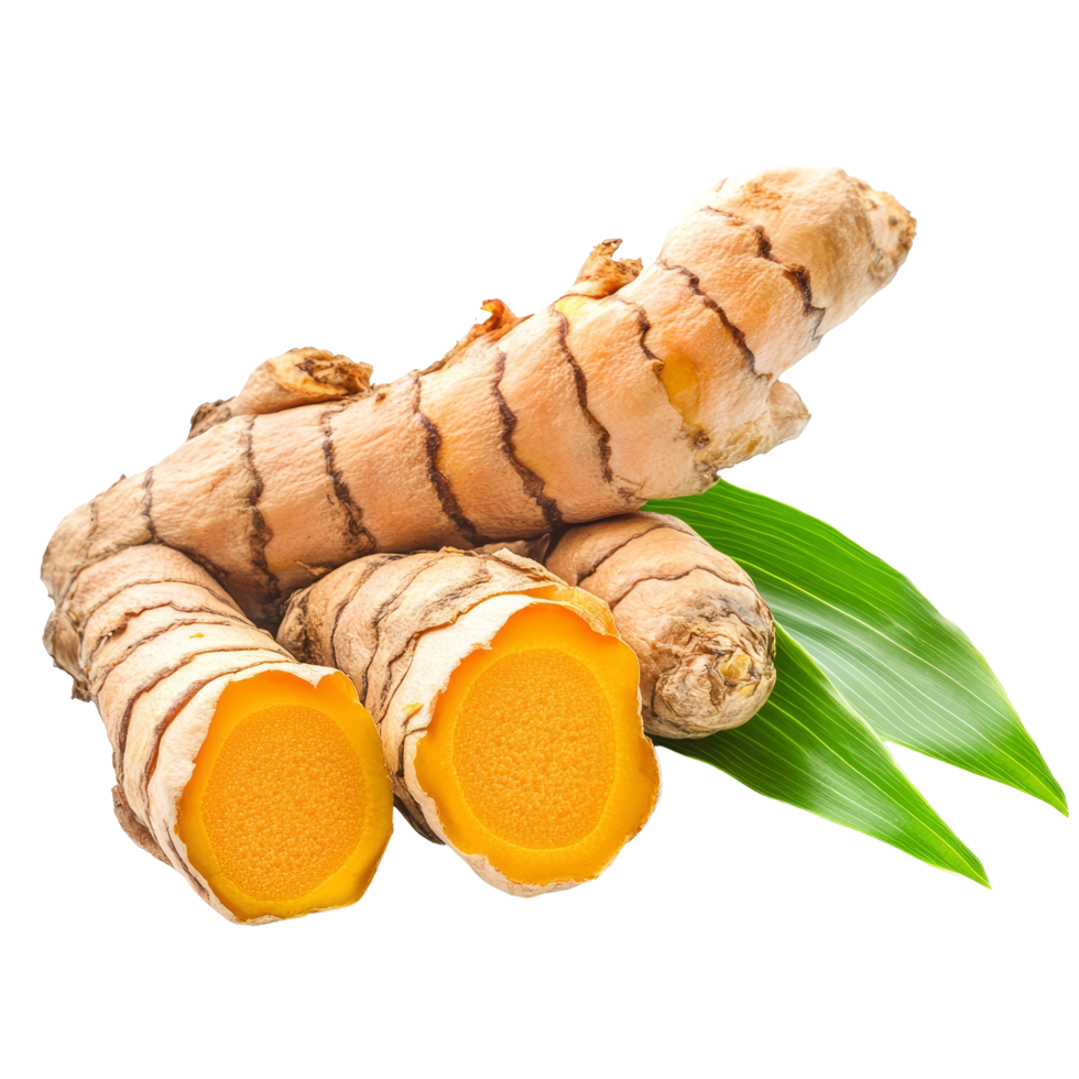 Fresh turmeric root with green leaf isolated on transparent background for culinary and medicinal uses, turmeric with leaf isolated on transparent background png