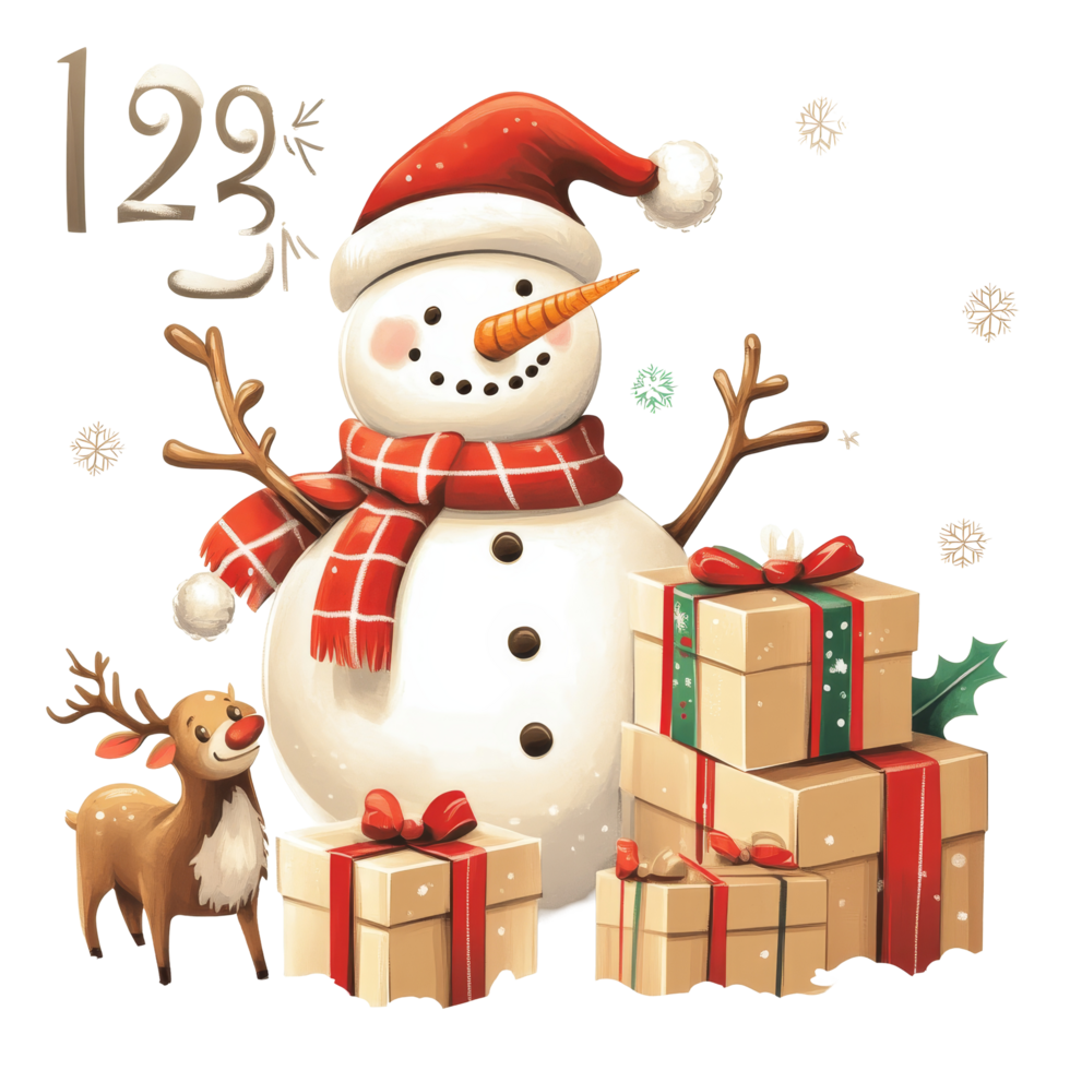 December advent calendar featuring a cheerful snowman and gifts in a winter wonderland, 25 December christmas Calendar with Snowman and reindeer on transparent background png