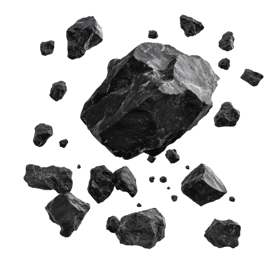 Flying black rocks isolated on a transparent background create a striking visual effect of motion and depth, flying black rocks isolated on transparent background png