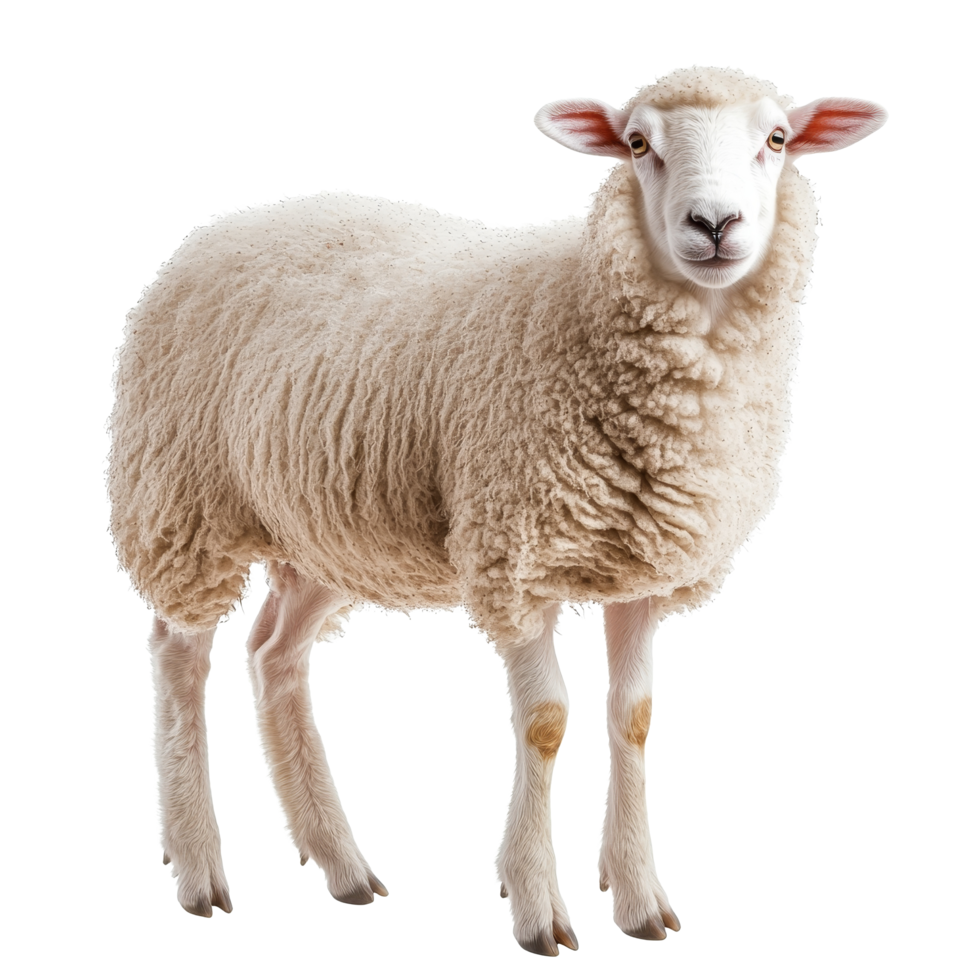 A fluffy sheep stands calmly against a plain transparent background, showcasing its soft wool and gentle expression, Sheep on isolated transparent background png