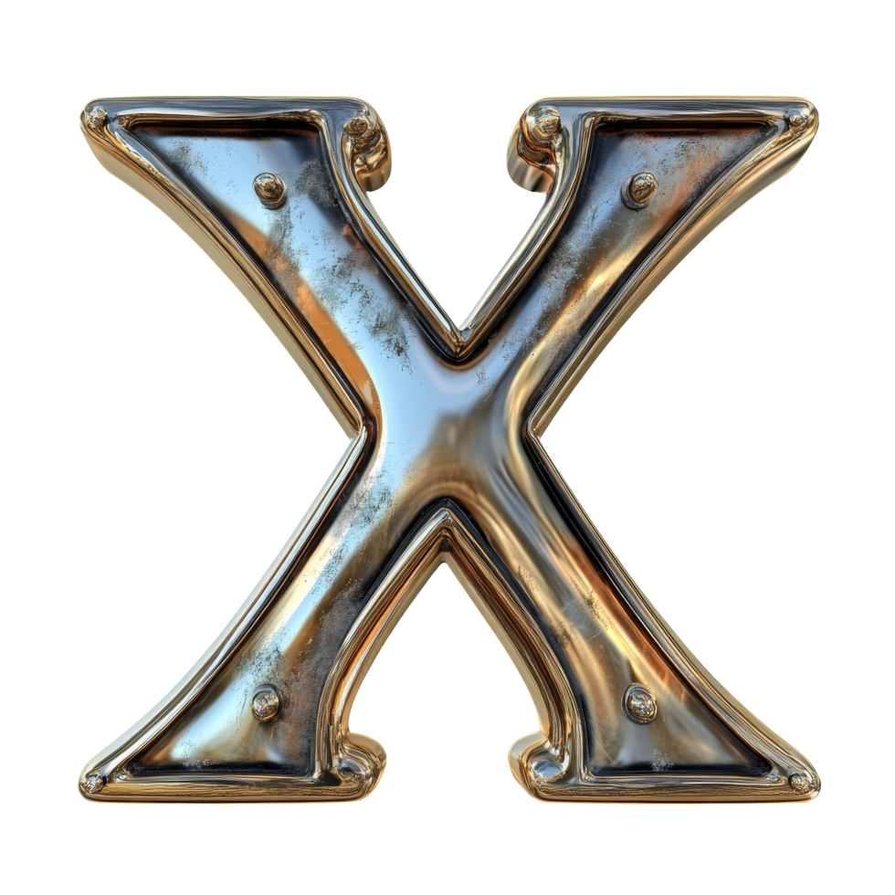 Metallic consonant letter X displayed prominently against a transparent background for creative word formation, consonant letter a is used to make words on transparent backgroundfile png