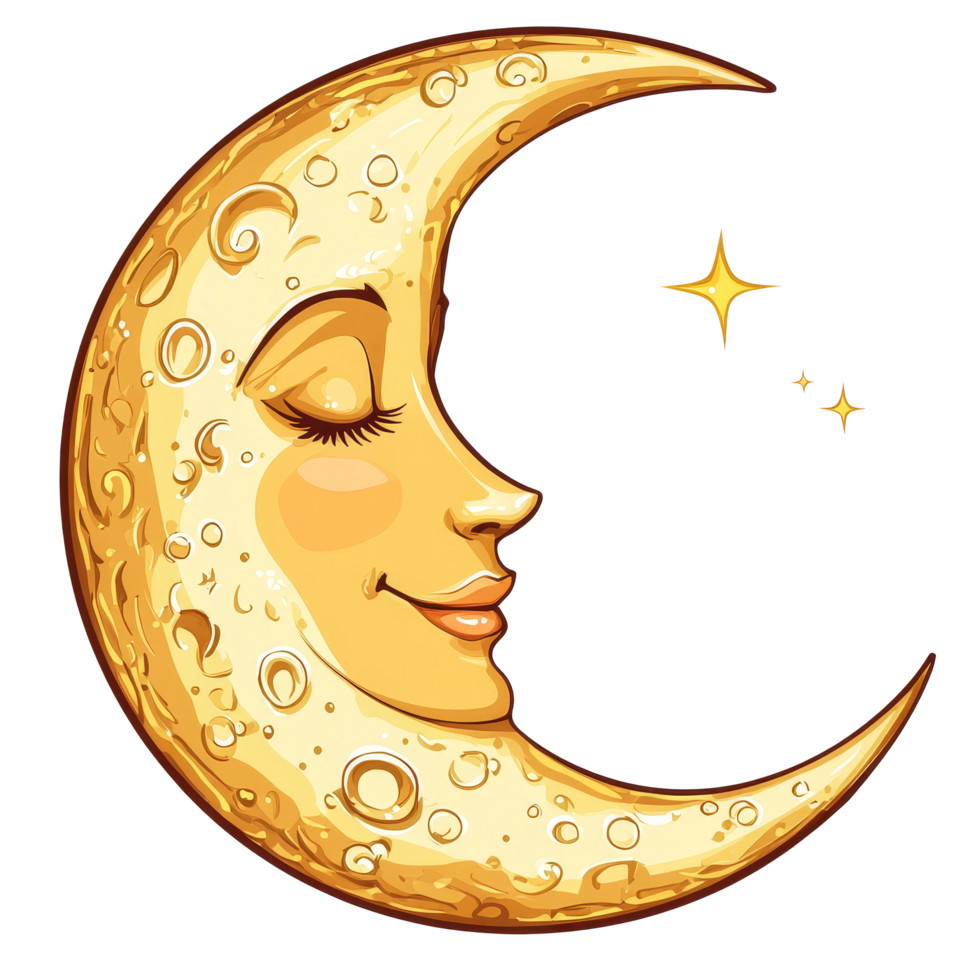 desenho animado crescente lua com uma sorridente face e estrelas em uma transparente fundo empréstimo uma alegre período noturno vibração, desenho animado crescente lua com face em transparente fundo png