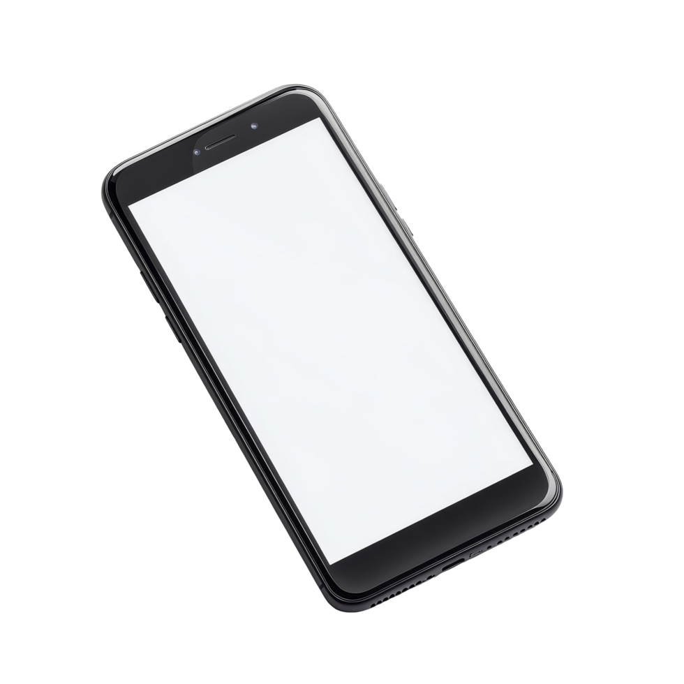 A modern smartphone isolated on a clean transparent background, ideal for technology displays or marketing visuals, Black modern smartphone on transparent backgroundfile png