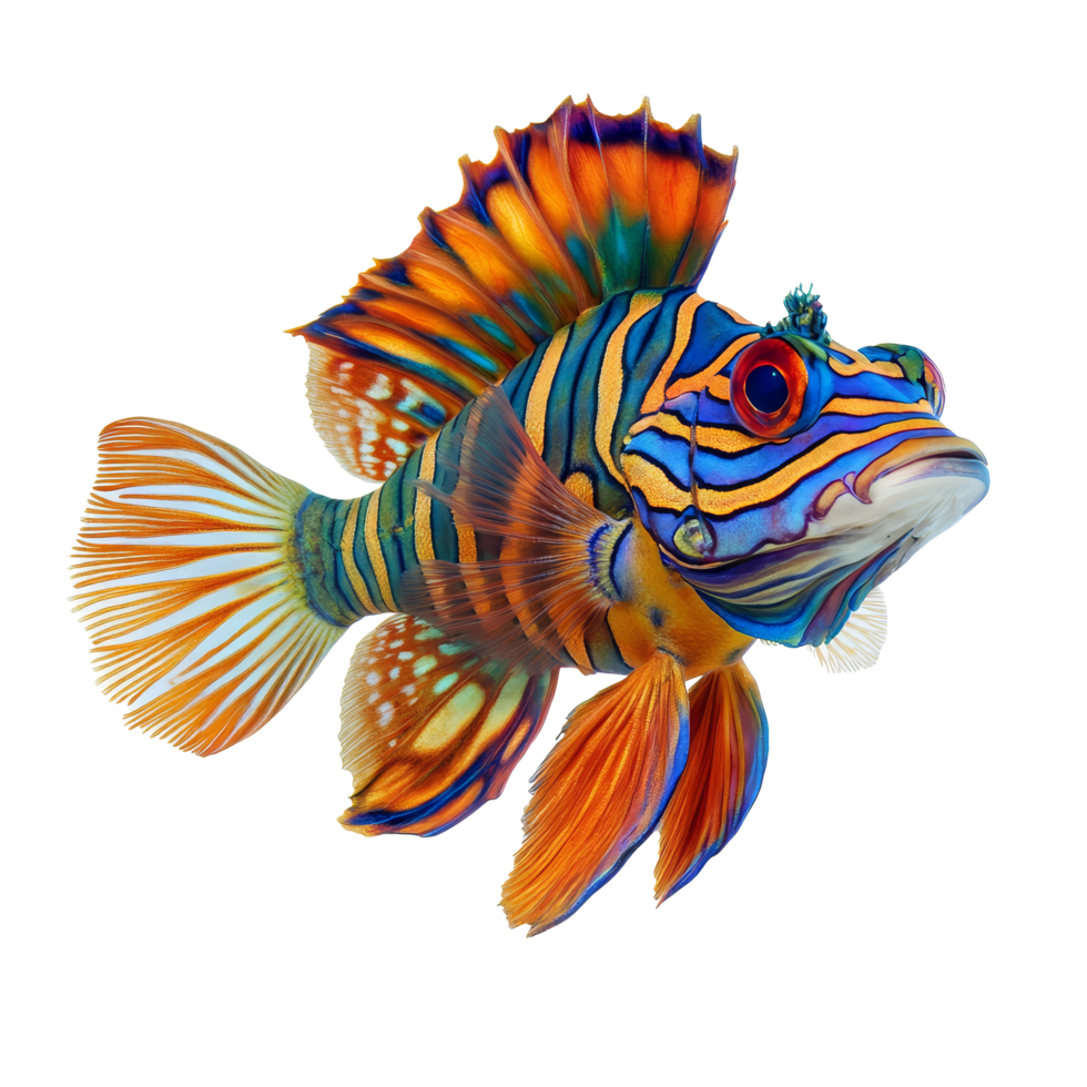 Vibrantly colored mandarinfish swimming gracefully on a transparent background, showcasing its unique patterns and features, Mandarinfish Isolated on transparent background png