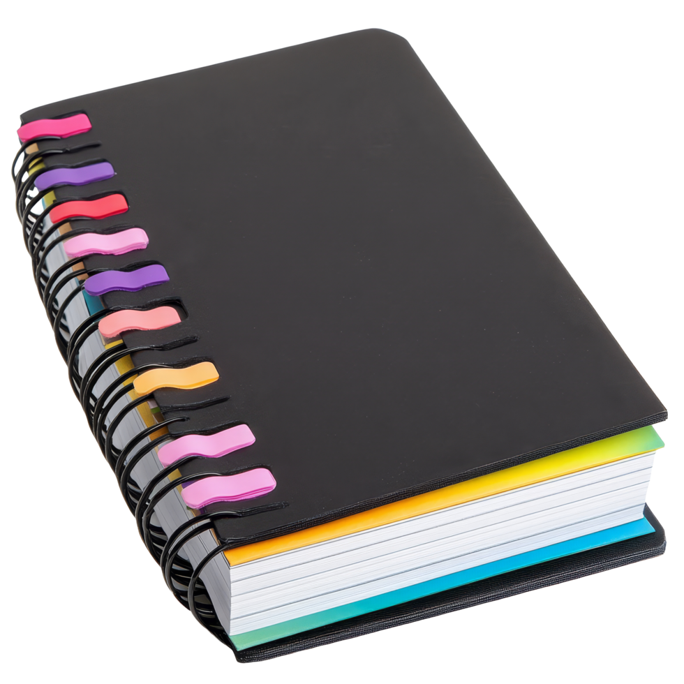 Closed black notebook with colorful tabs resting on a transparent background ready for notes and ideas, Closed paper notebook with black coverspiral bindingand colorful tabs png