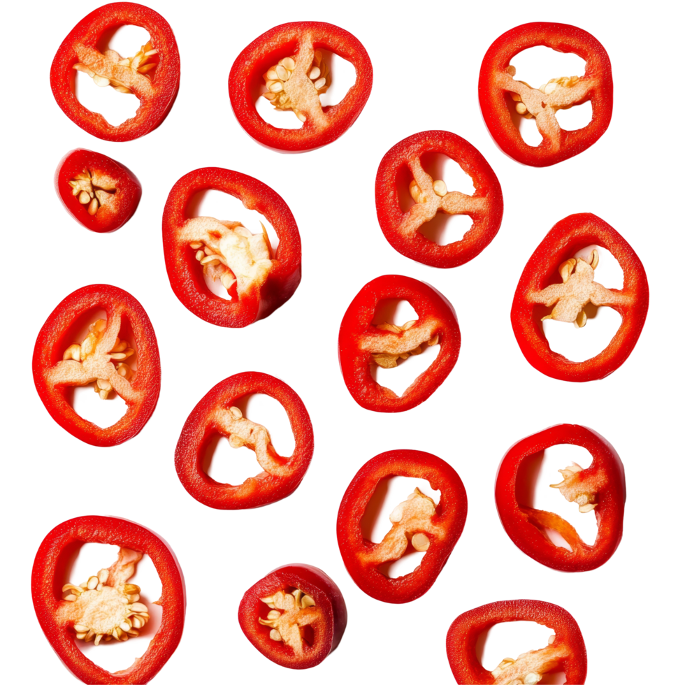 Sliced red pepper rings on a transparent background, perfect for culinary presentations and healthy meals, red pepper slices on transparent background png