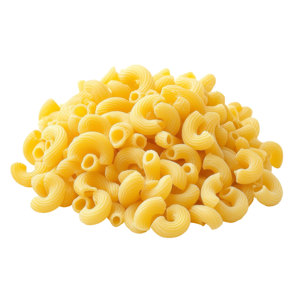 A vibrant pile of raw Gomiti pasta isolated on a transparent background, perfect for culinary creations and recipes, Pile of raw Macaroni Gomiti Pasta isolated on transparent background png