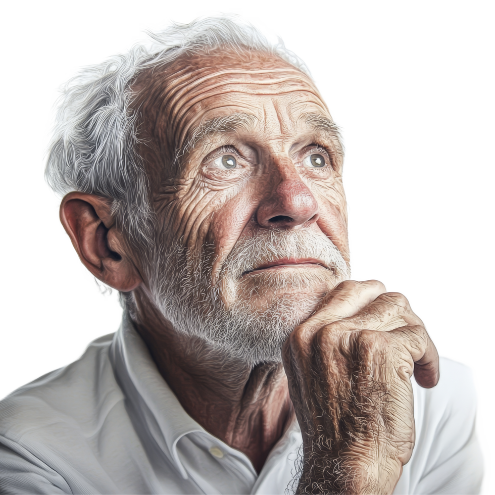 An elderly man with gray hair gazes thoughtfully into the distance, highlighting his wisdom and life experience, Old man on transparent background png