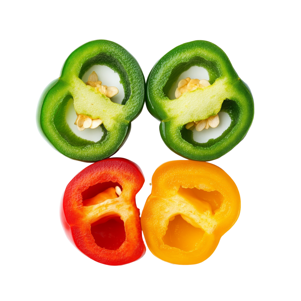 Sliced green, yellow, and red bell peppers isolated on a transparent background highlighting their vibrant colors and textures, Sliced green yellow red bell pepper isolated on transparent background png