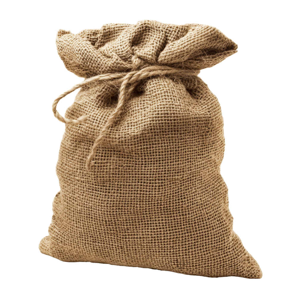 An empty burlap sack tied at the top, suitable for storage or decoration in various settings, Empty burlap sack png