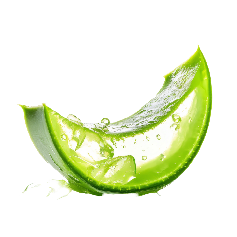 Fresh aloe vera essence gel slice with droplets isolated on transparent background, Aloe vera essence gel isolated png