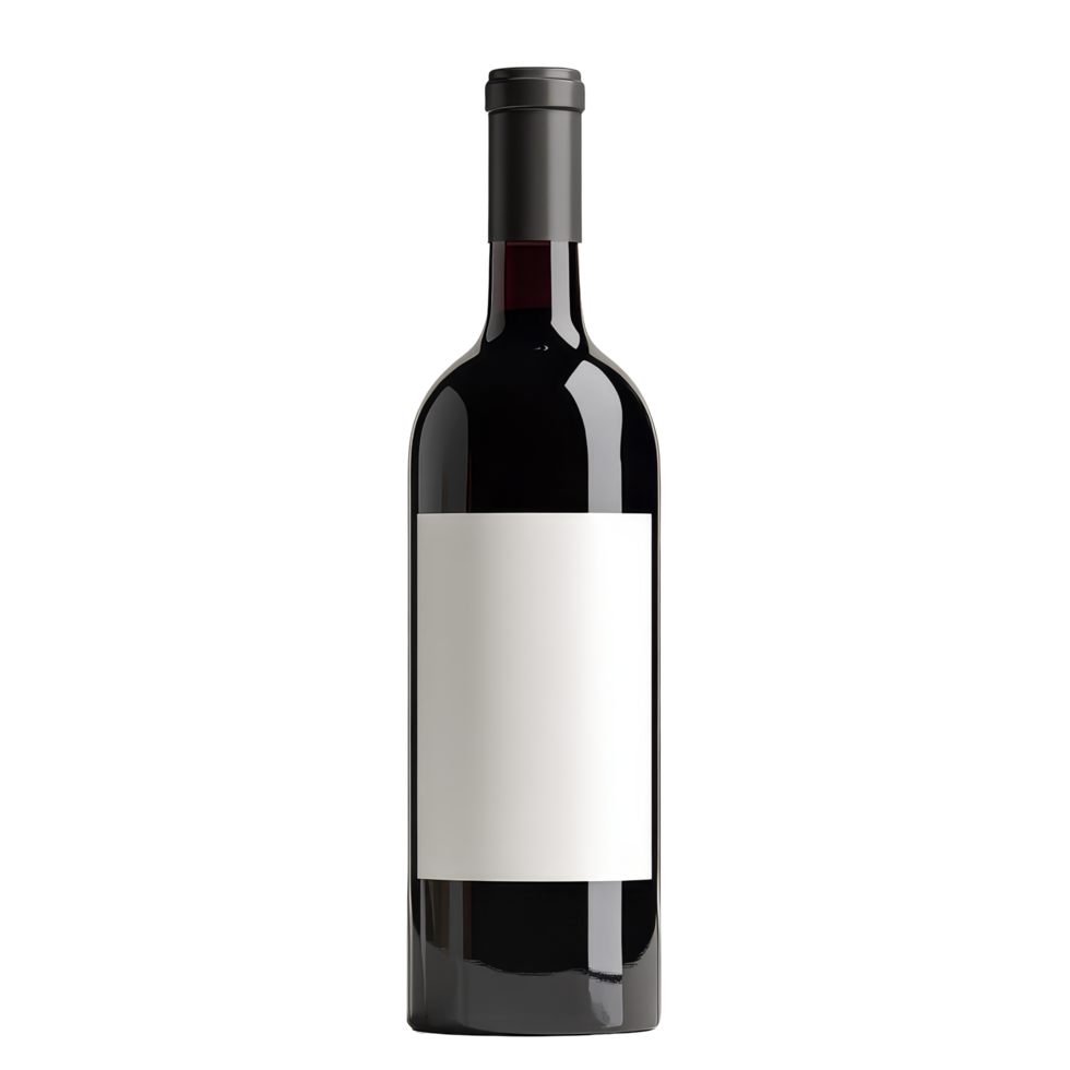Isolated wine bottle with a blank transparent label for customizable mockup on a neutral background, wine bottle with emty transparent label for mockup, isolated transparent background png
