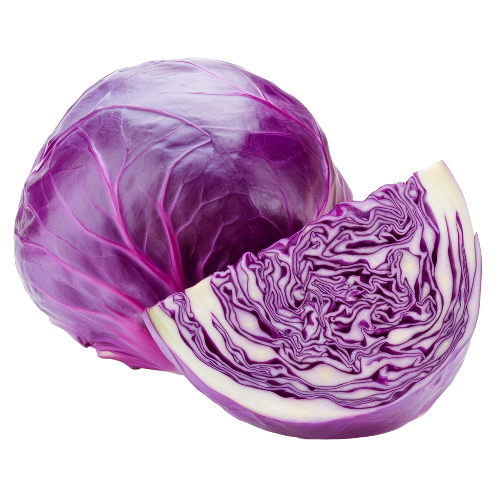 Freshly sliced purple cabbage displayed against a clean, transparent background showcasing its vibrant color and texture, slice fresh purple cabbage isolated on transparent background png