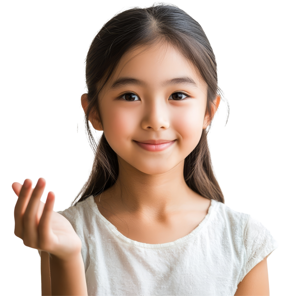 Young Asian girl smiling with an open hand in a bright setting against a transparent background, Young Asian girl open hand isolated transparent background png