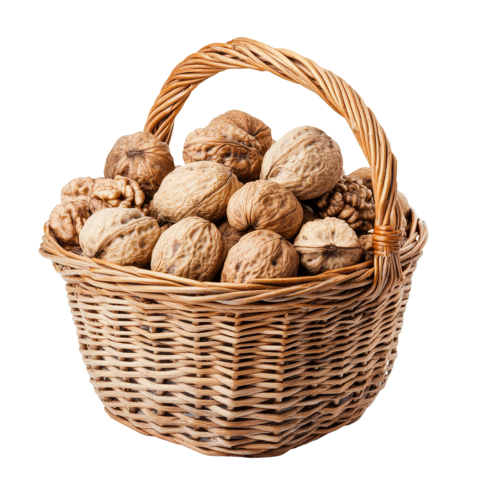 Fresh walnuts in a rustic woven basket isolated on a bright transparent background, perfect for culinary use and decoration, walnuts in basket isolated on transparent background png