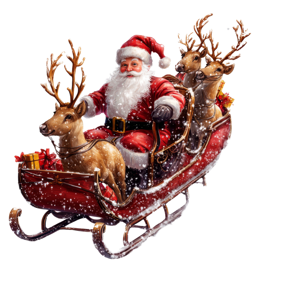 Santa Claus joyfully rides his sleigh through the snowy sky with reindeer during the festive Christmas season, Santa Claus with Reindeer and Sleigh Christmas Theme on transparent background png