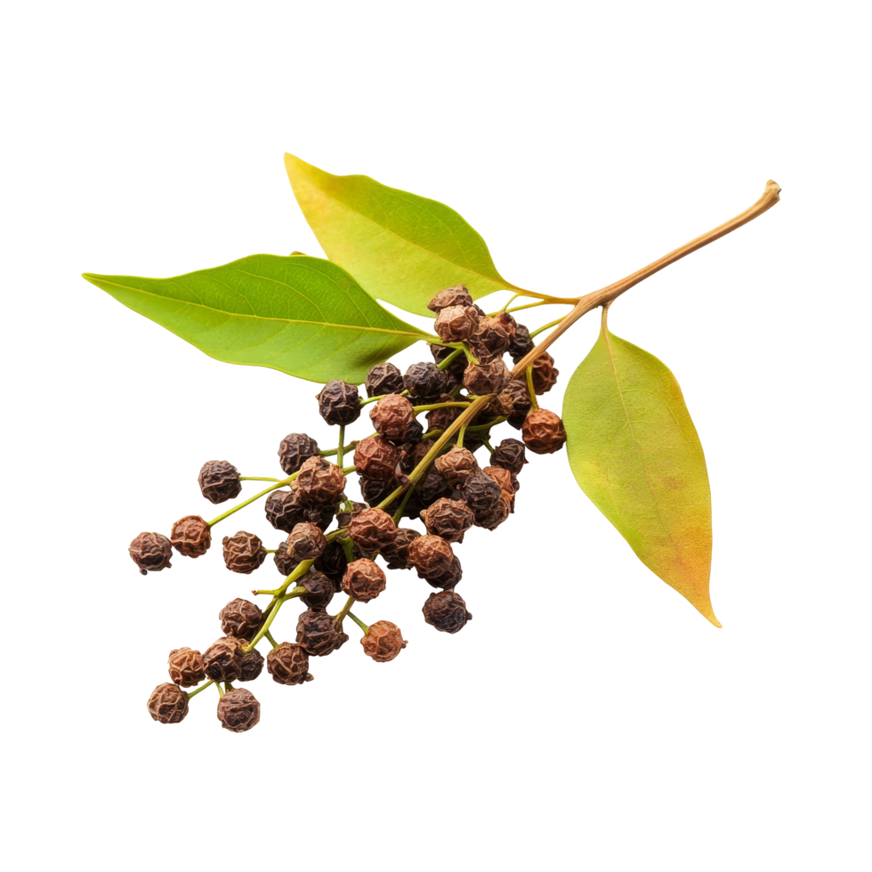 Szechuan pepper Zanthoxylum piperitum fruits isolated on a clean background with leaves visible, Szechuan pepper Zanthoxylum piperitum, fruits isolated against on transparent background png